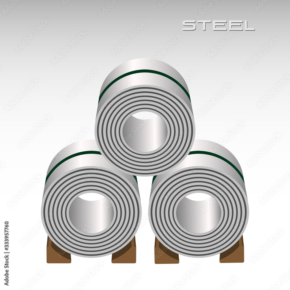 Obraz premium Steel sheet in coil, 3 rolls stacking, icon logo metal sheet industries, 3D isolated illustration