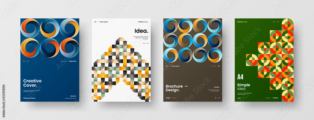 Business presentation vector A4 vertical orientation front page mock up set. Corporate report cover abstract geometric illustration design layout bundle. Company identity brochure template collection.