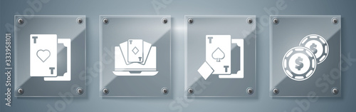 Set Casino chip with dollar, Playing card with spades, Online poker table game and Playing card with heart. Square glass panels. Vector
