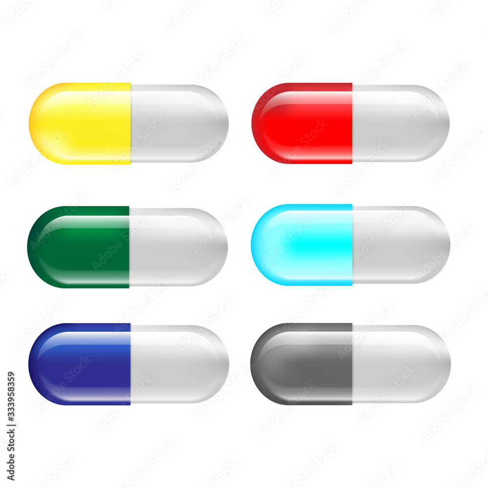 Different colorful pills icon set isolated on a white background. Vector illustration. Different colorful pills icon set isolated on a white background. Vector illustration.
