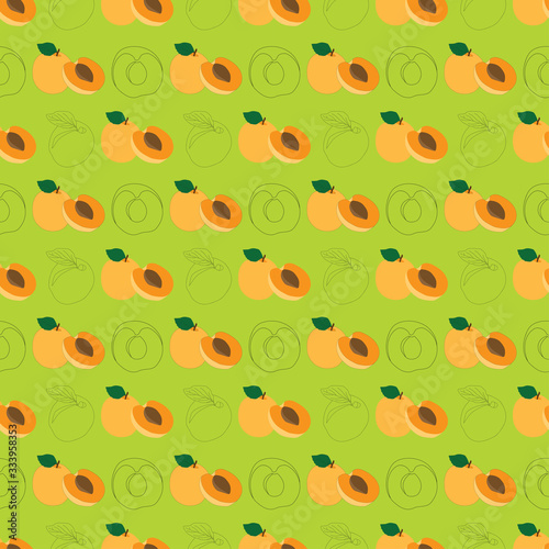 hand drawn seamless apricot fruit and sliced pattern on lime green background. repeating fruit pattern with fruit and leaves.