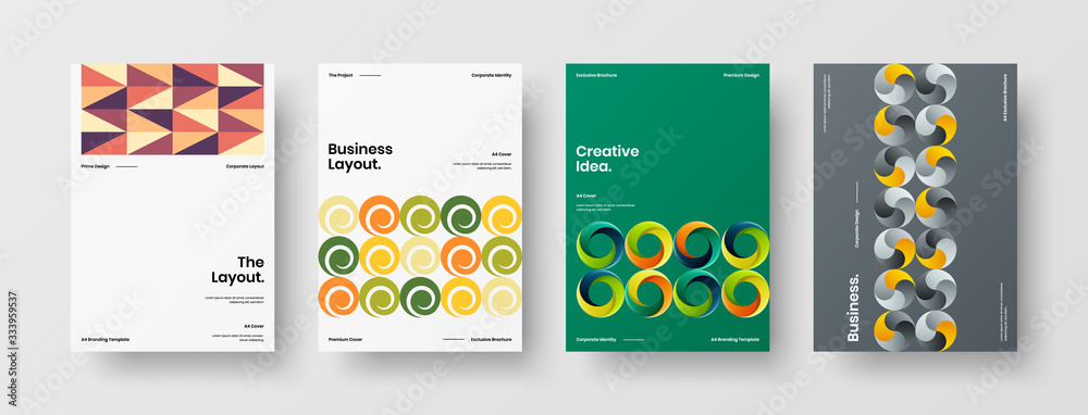 Naklejka premium Business presentation vector A4 vertical orientation front page mock up set. Corporate report cover abstract geometric illustration design layout bundle. Company identity brochure template collection.