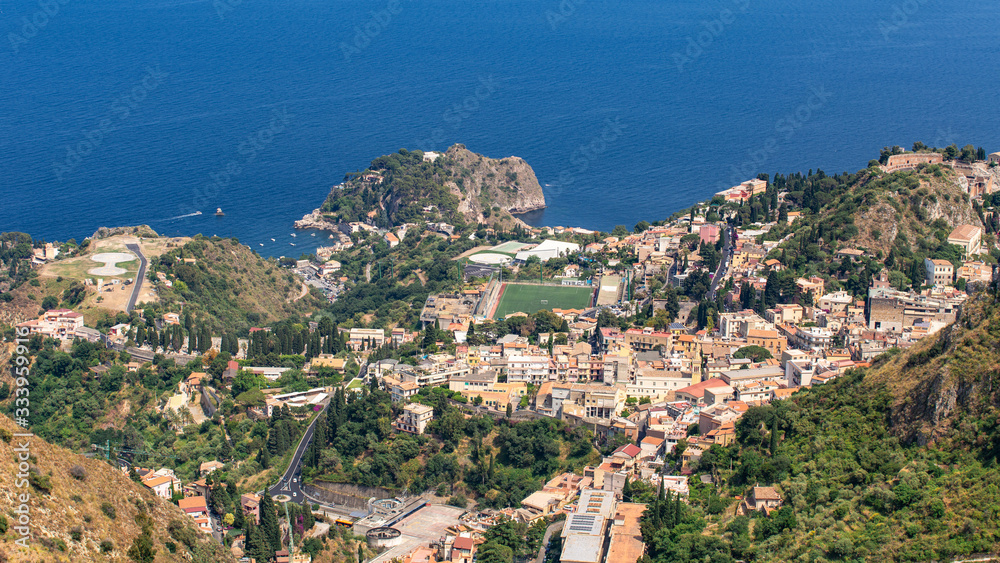  Panoramic aerial view of Taormina in Sicily. Panoramic Italy view. Panoramic Sicily view.