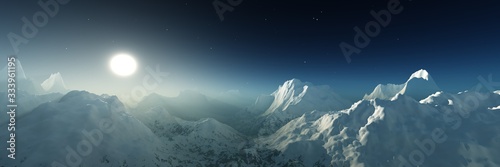 Mountain panorama at sunrise, snowy peaks in the rays of the sun, sunset on s...