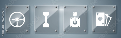 Set Playing card with heart symbol, Joystick for arcade machine, Dumbbell and Steering wheel. Square glass panels. Vector