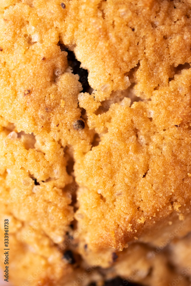 Macro cookie with chocolate chip texture with selective focus. Bakery and pastry background, vertical Macro cookie with chocolate chip texture with selective focus. Bakery and pastry background, vertical