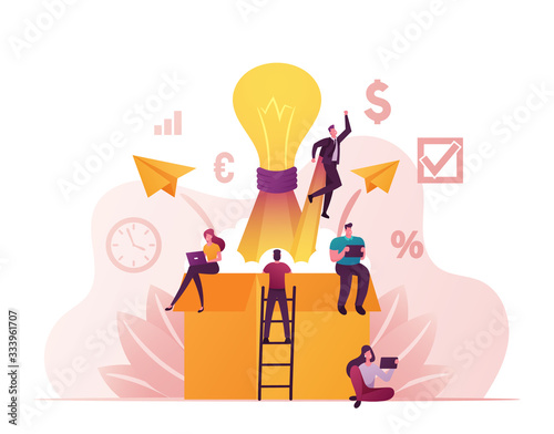 Think Outside Concept. Tiny Male and Female Characters Sitting on Huge Carton Box with Light Bulb, Paper Airplanes and Businessman with Rocket Engine Flying Out. Cartoon People Vector Illustration