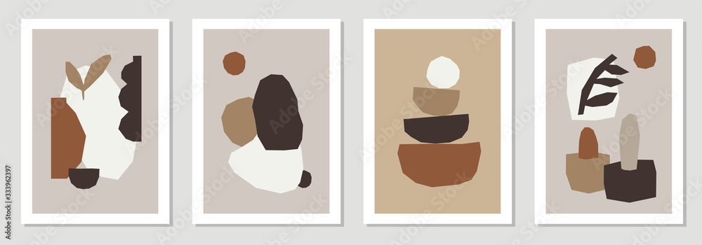 Set of minimal posters with abstract organic shapes composition in trendy contemporary collage style