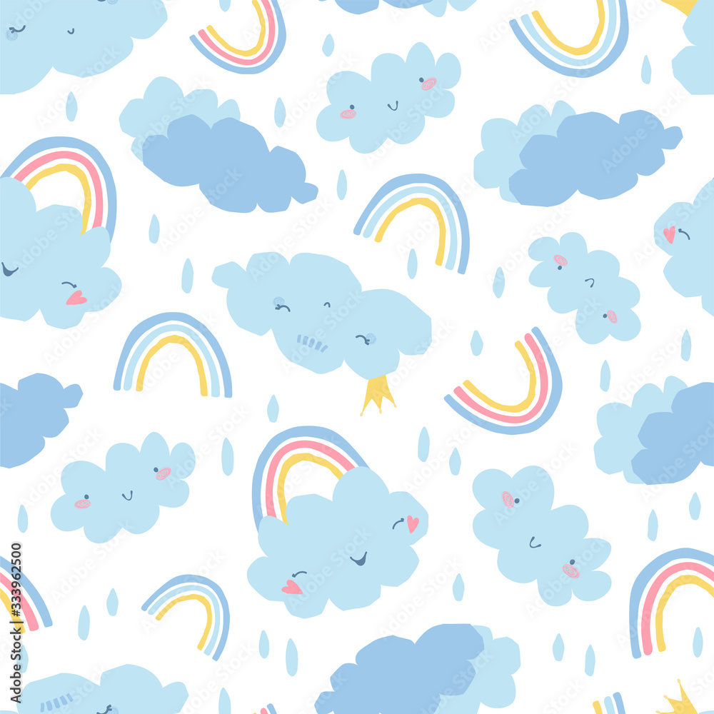 Cute, delicate seamless pattern with a rainbow, clouds and raindrops on a white background in pastel color. Illustration for children's room design, Wallpaper, textiles, fabric. Vector