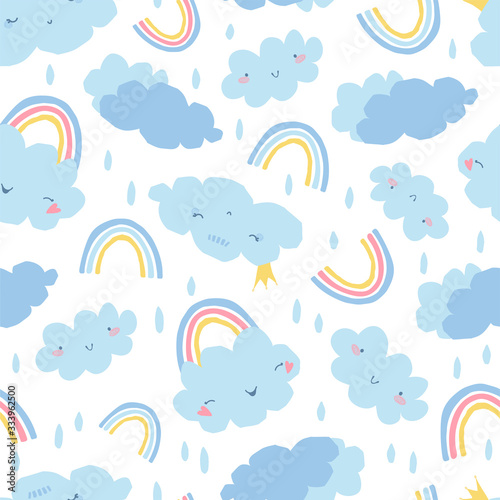 Cute, delicate seamless pattern with a rainbow, clouds and raindrops on a white background in pastel color. Illustration for children's room design, Wallpaper, textiles, fabric. Vector