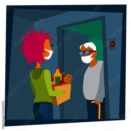 Help to neighbour. life in quarantine. A young girl on self-quarantine. Covid-19. New reality. Normal life in isolation. Vector flat style illustration.