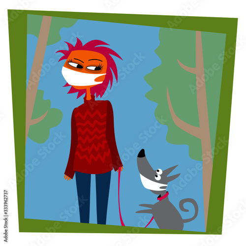 Walks with the dog in protective mask. life in quarantine. A young girl on self-quarantine. Covid-19. New reality. Normal life in isolation. Vector flat   style illustration.