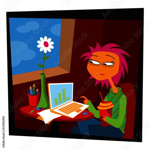 Work from home. life in quarantine. A young girl on self-quarantine. Covid-19. New reality. Normal life in isolation. Vector flat style illustration.