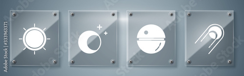 Set Satellite, Death star, Moon and stars and Sun. Square glass panels. Vector photo