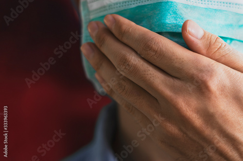 Cough protection, covering hands with mouth and wearing mask to prevent spread disease, mask against coronavirus.