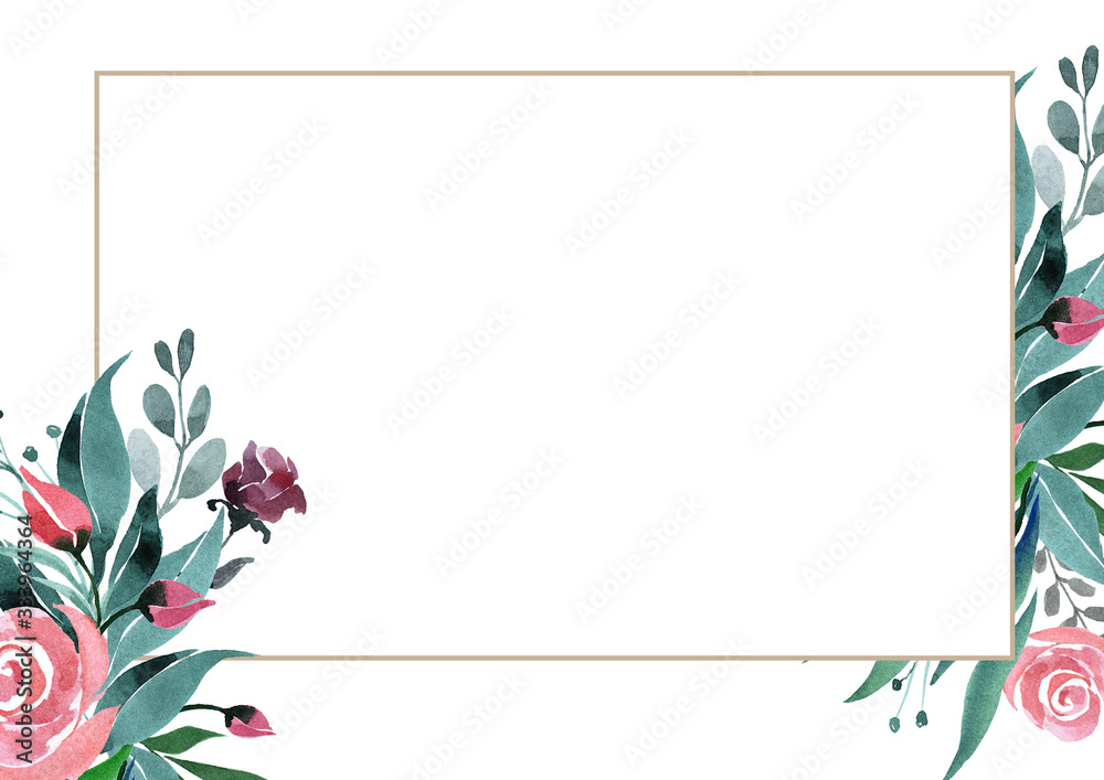 Fototapeta premium Floral arrangement of rose flowers and green twigs on a white background with a square frame. Flowers are located on the right and left sides of the frame. Drawn in watercolor.