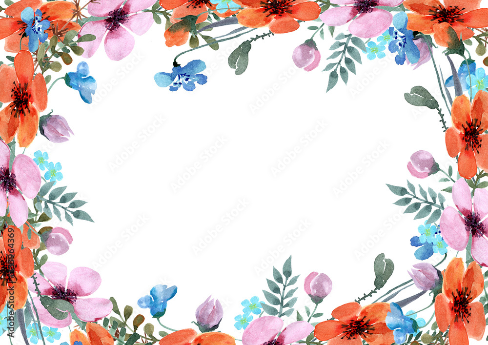 Floral arrangement of pink, orange, blue flowers and green twigs on a white background. Flowers are located on the contour of the page. Drawn in watercolor.