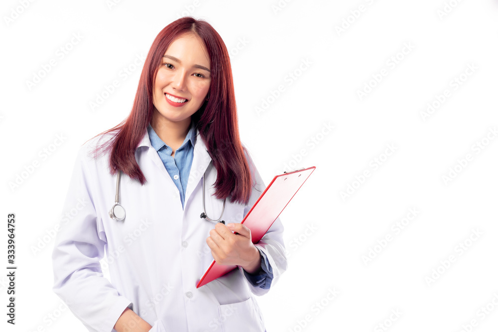 Portrait young asian female doctor smiley face with white coat. Asia doctor get confidence, holding paperwork on clipboard, looking at camera. Medical doctor get happy. copy space, white background. Portrait young asian female doctor smiley face with white coat. Asia doctor get confidence, holding paperwork on clipboard, looking at camera. Medical doctor get happy. copy space, white background.