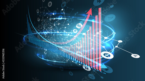Increasing coronavirus chart with decreasing economy, abstract blue background with icons and network, vector illustration