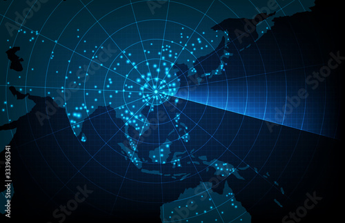 abstract background of futuristic technology start point covid-19 in China and spread virus pandemic with scan interface hud asia pacific maps