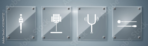 Set Drum sticks, Musical tuning fork, Music stand and Microphone. Square glass panels. Vector