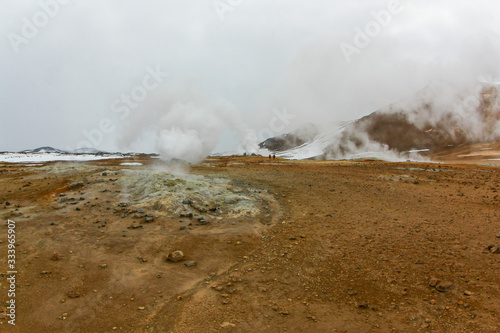 Seething valley of geysers in Iceland. Sulphur springs