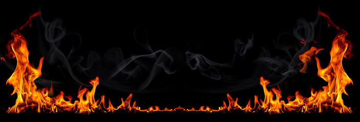 On fire flames at the black background