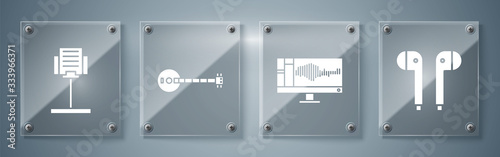 Set Air headphones, Sound or audio recorder on monitor, Banjo and Music stand. Square glass panels. Vector