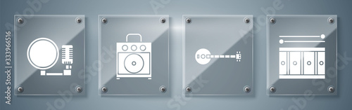 Set Drum with drum sticks, Banjo, Guitar amplifier and Microphone. Square glass panels. Vector photo