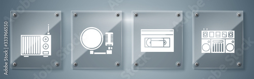 Set DJ remote for playing and mixing music, VHS video cassette tape, Microphone and Radio with antenna. Square glass panels. Vector