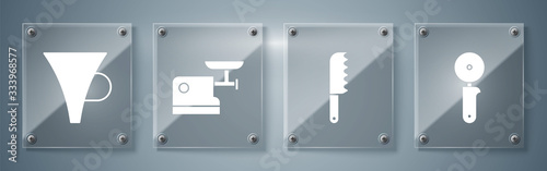 Set Pizza knife, Bread knife, Kitchen meat grinder and Funnel or filter. Square glass panels. Vector