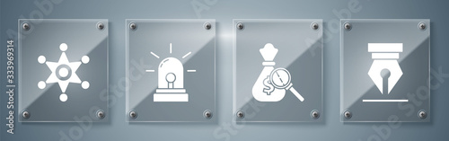 Set Fountain pen nib, Money bag and magnifying glass, Flasher siren and Hexagram sheriff. Square glass panels. Vector