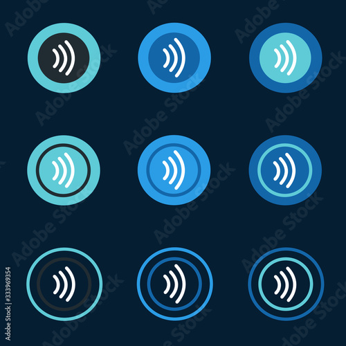 Nfc icon flat pack. NFC icons set on blue background. NFC circle icons. Tap and pay icons.