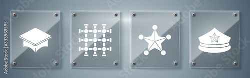 Set Police cap with cockade, Hexagram sheriff, Prison window and Graduation cap. Square glass panels. Vector