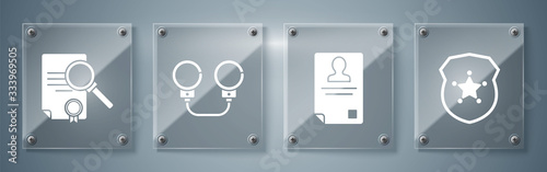 Set Police badge, Identification badge, Handcuffs and Document with search. Square glass panels. Vector