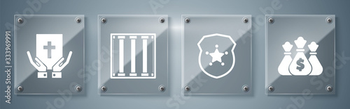 Set Money bag, Police badge, Prison window and Oath on the Holy Bible. Square glass panels. Vector