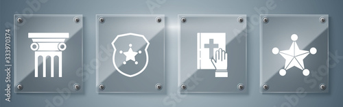 Set Hexagram sheriff, Oath on the Holy Bible, Police badge and Law pillar. Square glass panels. Vector