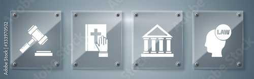 Set Head with law, Courthouse building, Oath on the Holy Bible and Judge gavel. Square glass panels. Vector