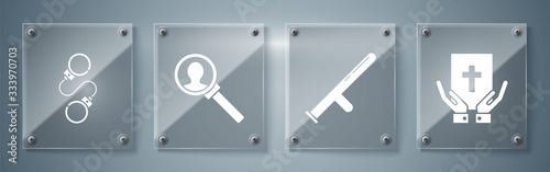 Set Oath on the Holy Bible, Police rubber baton, Magnifying glass for search and Handcuffs. Square glass panels. Vector