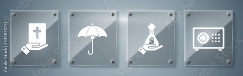 Set Safe, Hand holding money bag, Umbrella and Oath on the Holy Bible. Square glass panels. Vector