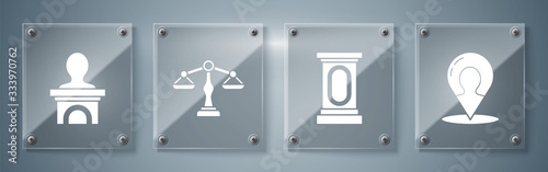 Set Map marker with a silhouette of a person, Stage stand or debate podium rostrum, Scales of justice and Stage stand or debate podium rostrum. Square glass panels. Vector