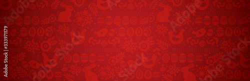Red Easter banner with eggs with flowers, leafs and rabbit. Easter Day holida...