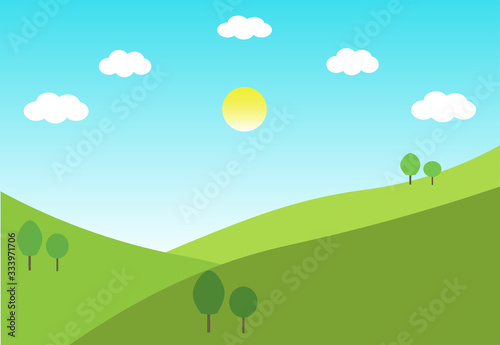 Green hills landscape. Environment with hill clouds,sun and blue sky . Roalling meadow background.