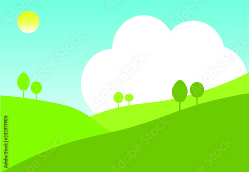 Green hills landscape.  Environment with hill clouds sun and blue sky . Roalling meadow background.