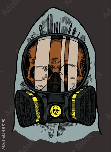 Skull in the gas mask and biohazard protective suit hood. Covid-19 vector illustration