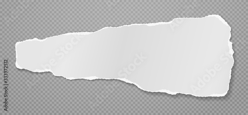 Piece of torn white note, notebook paper with soft shadow stuck on grey squared background. Vector illustration
