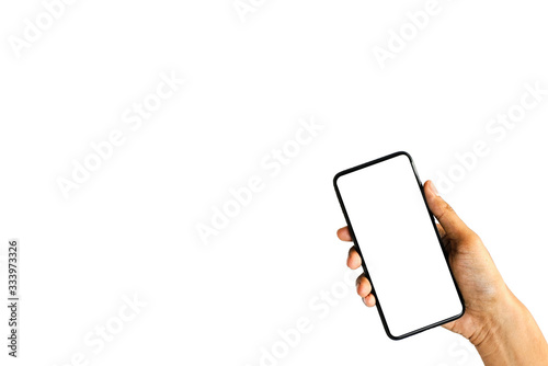 Women hand holding black phone isolated on white background and copy space, Blank screen for business