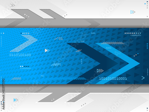 Blue and white abstract vector background with arrows, a triangle pattern, dynamic lines, binary code and various shapes. Can represent technology, future, sci-fi, momentum, the Web, coding, the digit