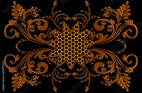 Floral pattern - large golden volumetric flowers with curved stems and leaves on a dark background