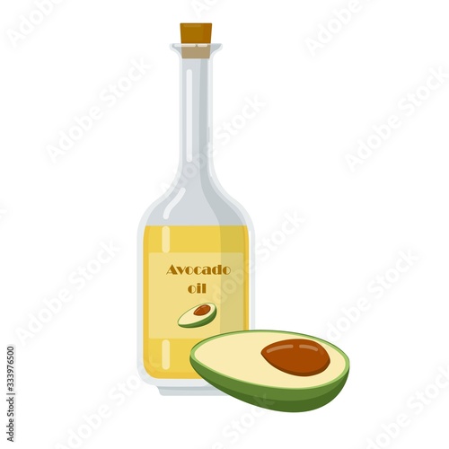 Avocado oil bottle with cork and label. Glass jug and piece of fruit for aroma therapy, cosmetic. Liquid for organic shop flat cartoon vector illustration.